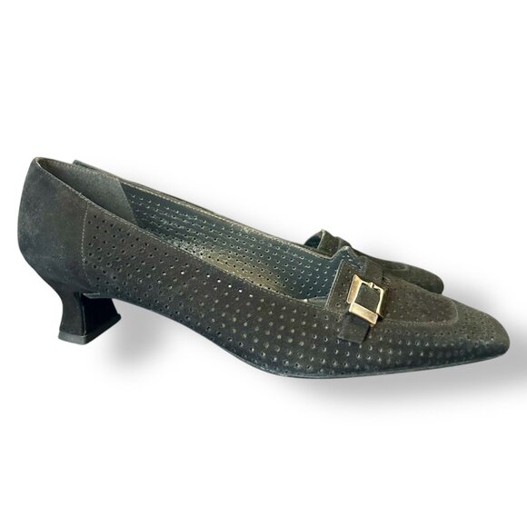 Stuart Weitzman Black Suede Kitten Toe Square Toe Heels - Picture 1 of 10